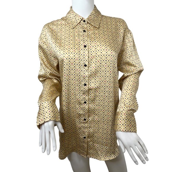0649A- Philosophy Women’s Button Down Shirt Point Collar S Gold Black Red Dots - Picture 1 of 12